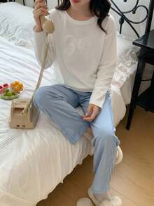 女童蝴蝶印花蕾丝拼接松紧腰长裤舒适休闲两件套睡衣 - 藍白色 - 查看 3
