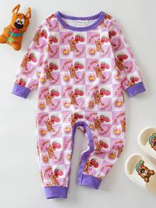 SCOOBY-DOO X SHEIN Bộ đồ liền thân dệt kim dài tay cổ tròn in họa tiết chú chó con hoạt hình dễ thương cho bé gái, dâu tây, bánh kem, kẻ sọc - Hồng - Xem 1