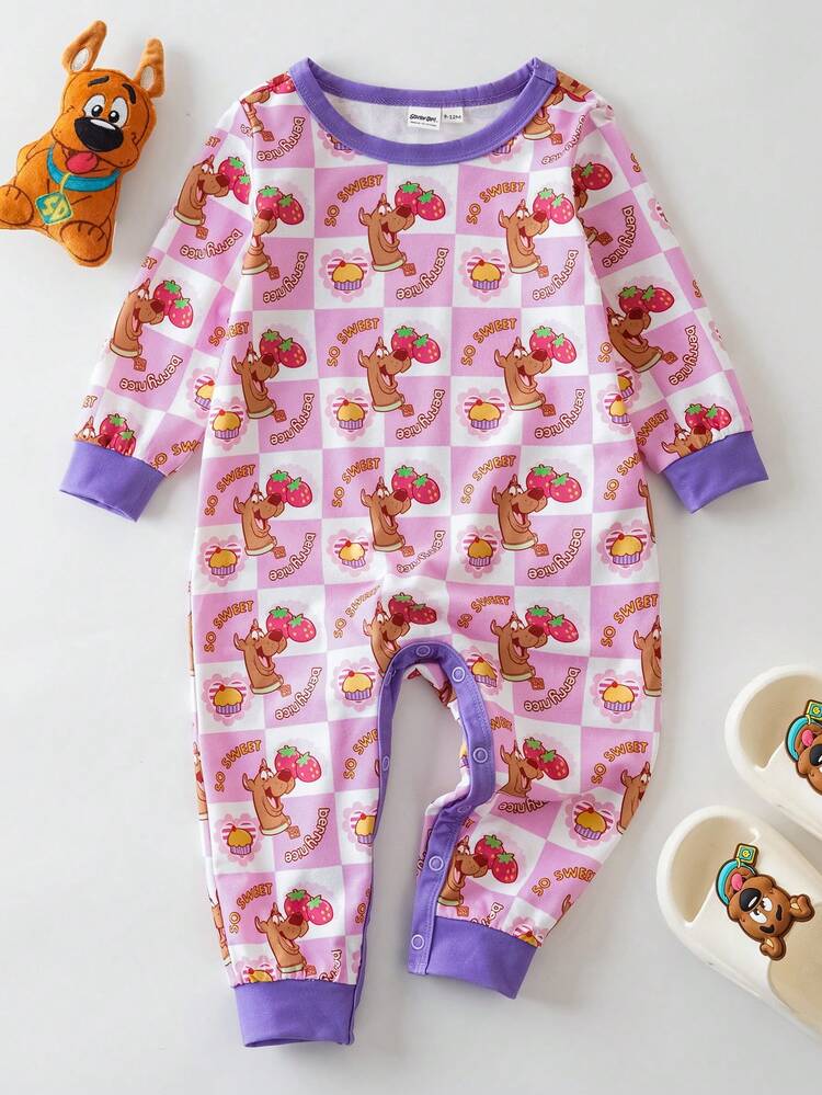 SCOOBY-DOO X SHEIN 女婴可爱卡通小狗、草莓、蛋糕、格子印花圆领长袖针织连体衣 - 粉色 - 查看 1