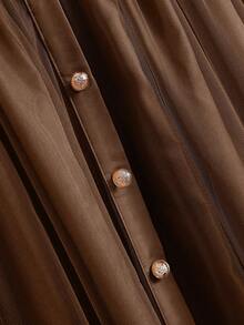 GlowEve 女士优雅网眼拼布纽扣装饰休闲通勤裙 - 棕色 - 查看 4