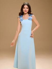 Teen Girl Elegant Minimalist Fashion Sleeveless High Waist Long Solid Color Textured Fabric Blue Maxi Dress With Padded Floral Decor, Suitable For Graduation, Prom, Casual, Vacation - Blue - View 9