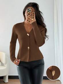 Chiquease Women's Slim Fit Khaki Minimalist Daily Wear Deep V-Neck Asymmetric Metal Button Cardigan, Office/Commute - Rust Brown - View 1