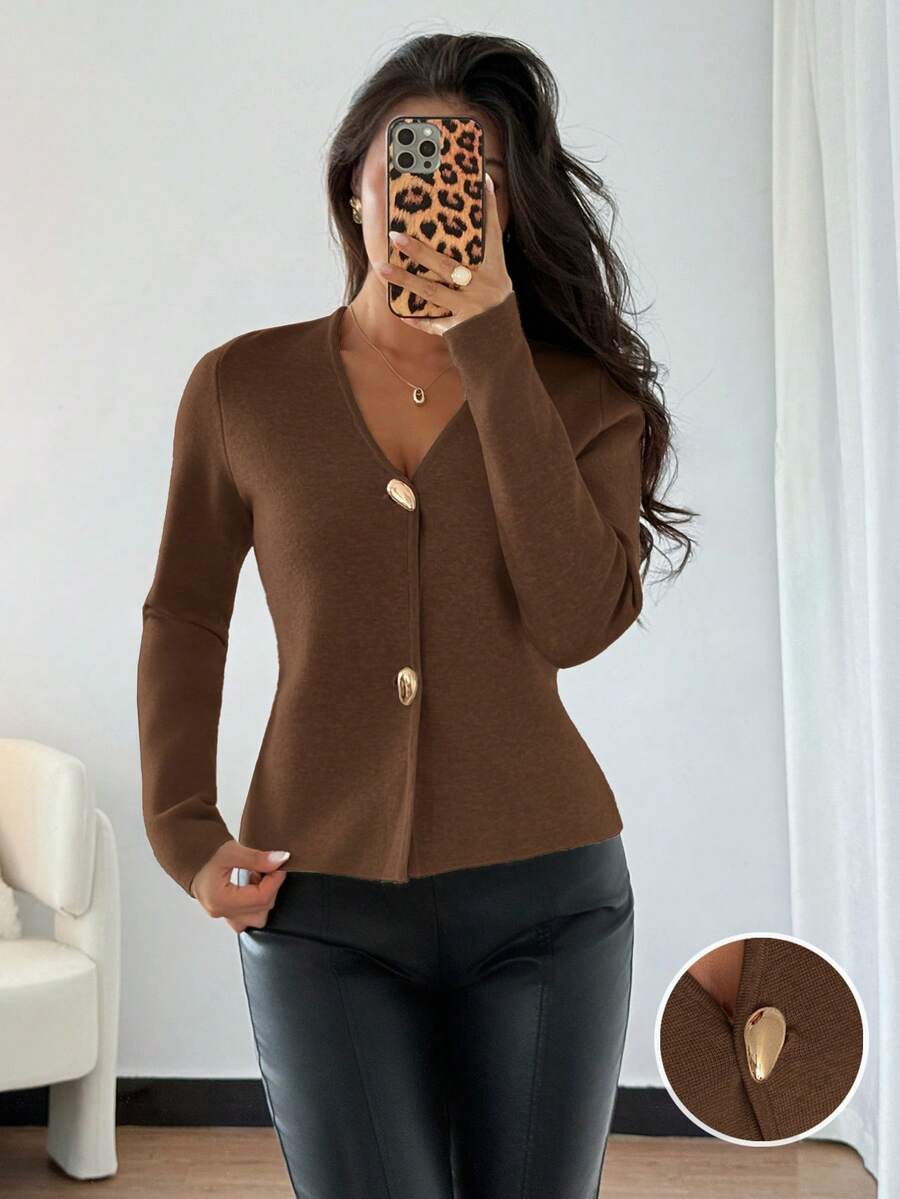 Chiquease Women's Slim Fit Khaki Minimalist Daily Wear Deep V-Neck Asymmetric Metal Button Cardigan, Office/Commute - Rust Brown - View 1