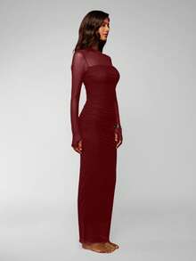 Opulessa 度假针织网眼长袖超长连衣裙 - 酒紅色 - 查看 6