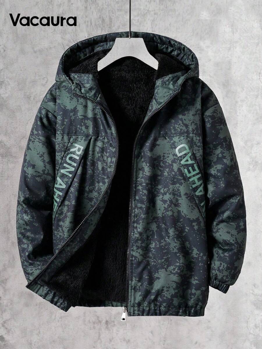 1pc Teen Boys Camouflage Print Casual Hooded Fleece Lined Windbreaker Jacket, Suitable For Daily Casual Wear In Winter