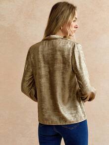 Chiquease Blusa de manga acampanada con escote en V, estilo minimalista y elegante con lámina dorada, para uso diario y fiestas, otoño - Marrón - Ver 2