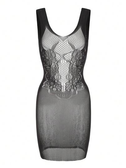 ChaseTheNight Elegant Sexy Black Plain Sheer Slip Dress For Striking Lingerie Looks, Going Out