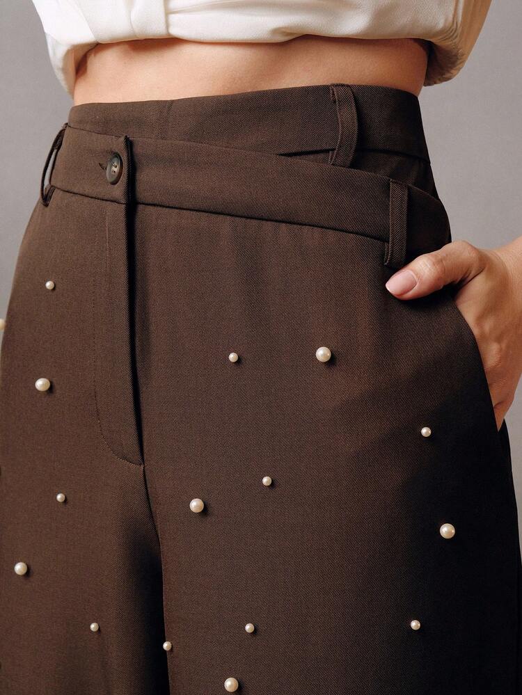 Pantalon ample en robe avec patchwork asymétrique à la taille, drapé et décoré de perles, pour le printemps et l'automne