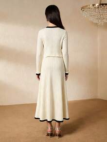Elegant Elegant Fashion V-Neck Long Sleeve Fitted Short Cardigan With Ribbed Contrast Design Paired With High Waist Long Apricot Skirt Set, Suitable For Teenagers - Apricot - View 2