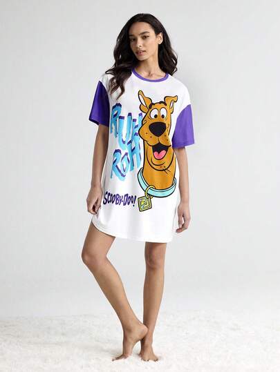 SCOOBY DOO Letter Cartoon Pattern Round Neck Short Sleeve Sleep Dress Shirt Women Character view 6