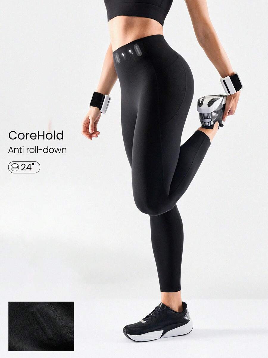 GLOWMODE 24'' CoreHold FeatherFit™-Sculpt CoreHold No Slip Fit Boning Tummy Control No Front Seam Leggings With Side Pockets Medium Impact Workout Jogging Gym Training  Spring Summer - 黑色 - 查看 1