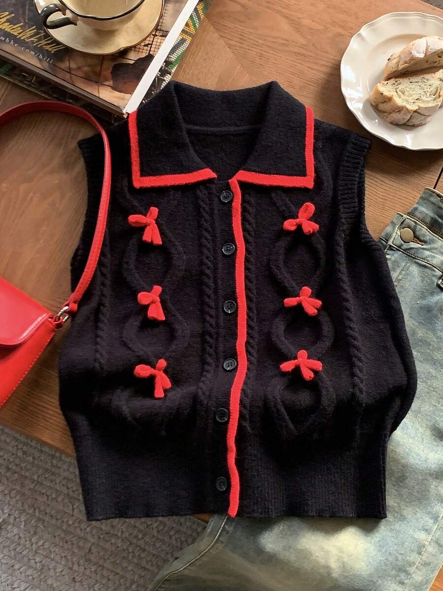 Comfortcana 休闲日常时尚蝴蝶结装饰女式毛衣背心可爱上衣女款，秋冬韩版风格 - 彩色 - 查看 1