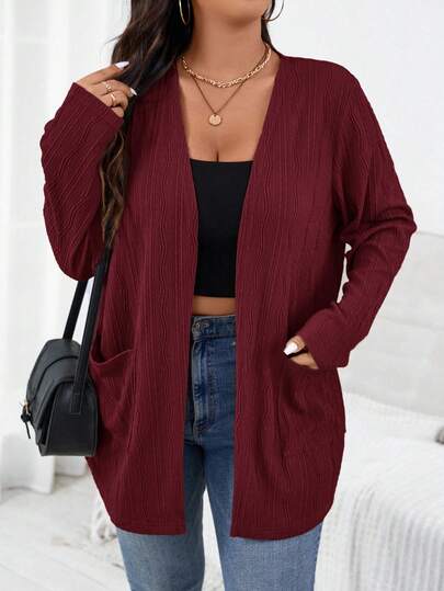 SHEIN Essnce Plus Size Casual Solid Color Double Pocket Jacket, Autumn/Winter