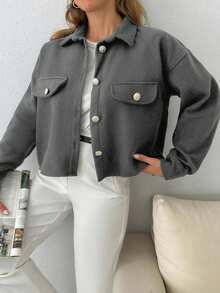 EURMUSE Solid Color, Gold Button Details, Coat - Light Grey - View 4