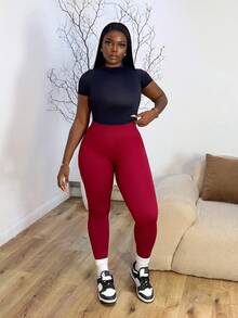 Core Rhythm Leggings deportivos sin costuras de unicolor y cintura alta para mujer - Burdeos - Ver 7