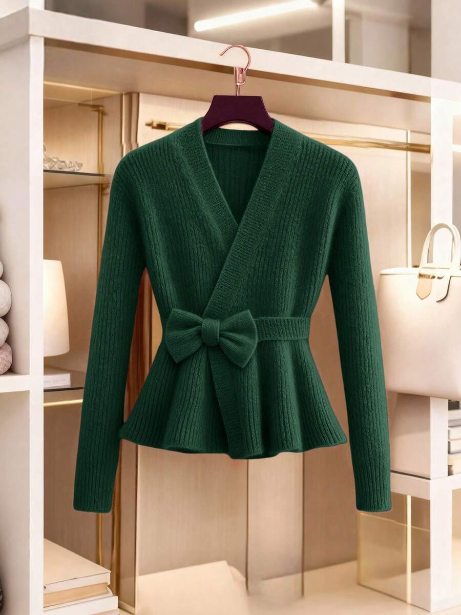 GlowEve New Fashionable Mixed Color Chic Versatile Knitted Sweater Top - Dark Green - View 1