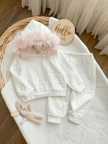 女婴可爱白色长袖连帽衫和裤子套装，秋冬季 - 白色 - 查看 5