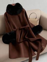 Regalyn Plus Size Women's Elegant Overcoat With Fur Collar And Belt