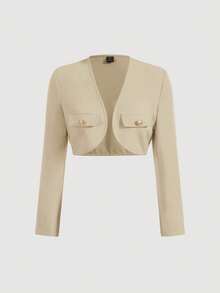 SHEIN MOD Solid Button Detail Crop Jacket In Fall/Winter - Khaki - View 1