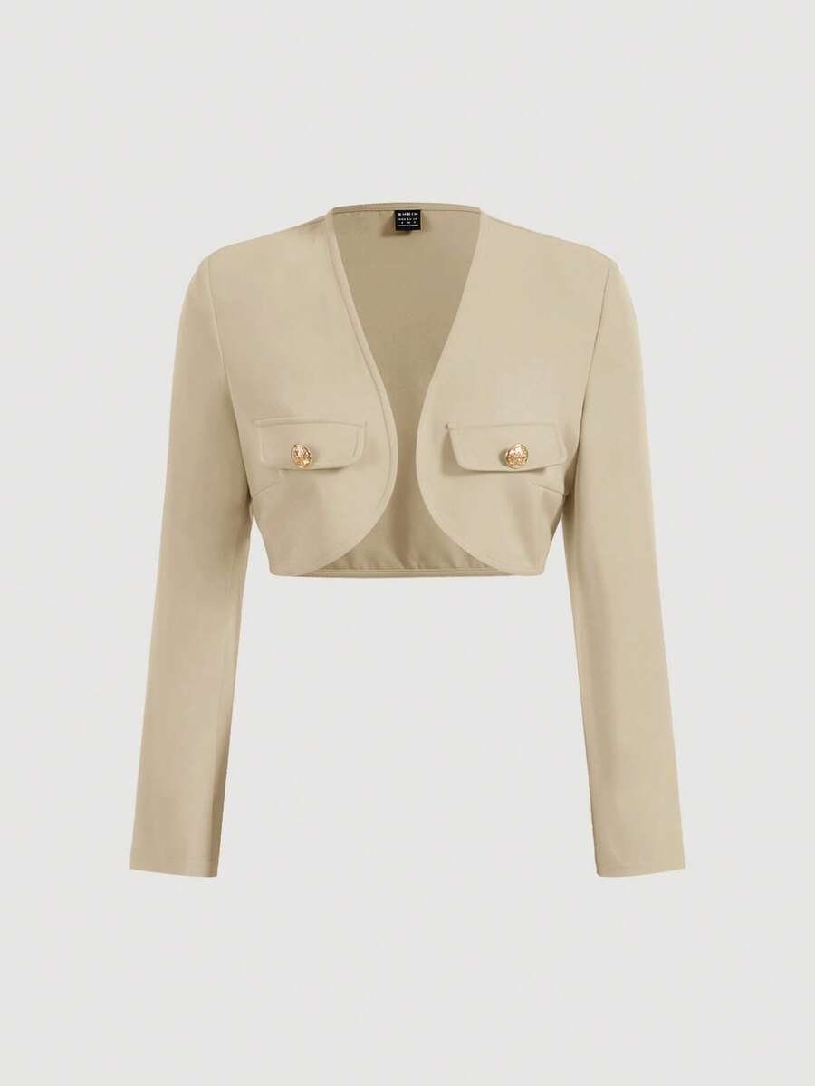 SHEIN MOD Solid Button Detail Crop Jacket In Fall/Winter - Khaki - View 1