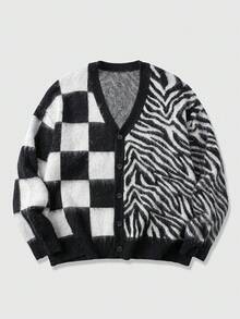 ROMWE MEN Street Life Sweater Lengan Panjang Motif Kotak-kotak dan Zebra Blok Warna untuk Pria Musim Gugur/Dingin - Hitam - View 3