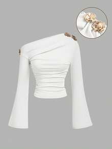SHEIN MOD Women's White Asymmetrical Shoulder Metal Decor Ruched Fashion T-Shirt - White - View 3