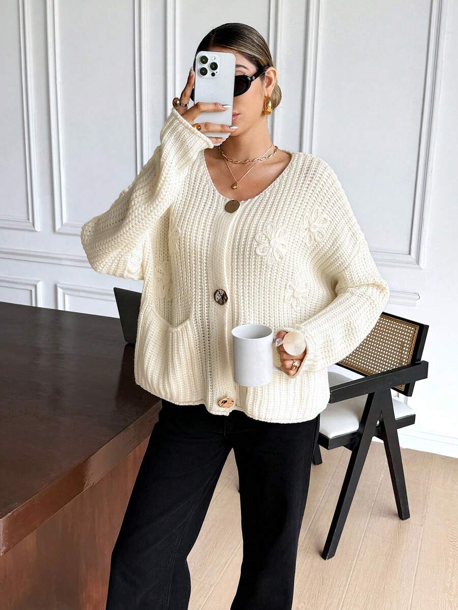 SHEIN Frenchy Women's Solid Color Minimalist Casual Cardigan,Winter Clothes For Women,Summer, Christmas , New Year,Party, Elegant,White , Casual,Sweaters For Women - Apricot - View 1