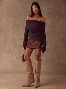 SHEIN BAE Women's Solid Color Minimalist Off Shoulder Long Sleeve Top, Everyday Wear - Maroon - View 6