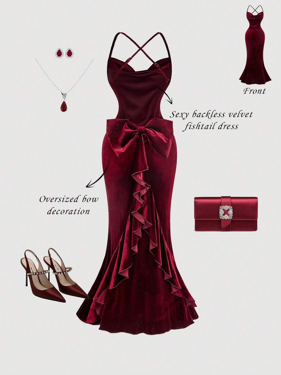 SHEIN MOD 复古宫廷绿色荷叶边露肩连衣裙，搭配飘逸丝带、亮泽缎布、露背设计和美人鱼轮廓 - 非常适合派对、度假、约会、生日庆祝、下午茶和节日、女士沙滩装、女士生日礼服 - 紅色 - 查看 1