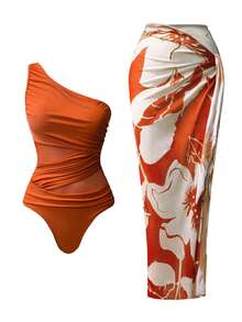 Swim Oasis Bộ 2 món đồ bơi liền thân màu trơn nhún bèo kèm sarong in họa tiết cho nữ - trái cam - Xem 3