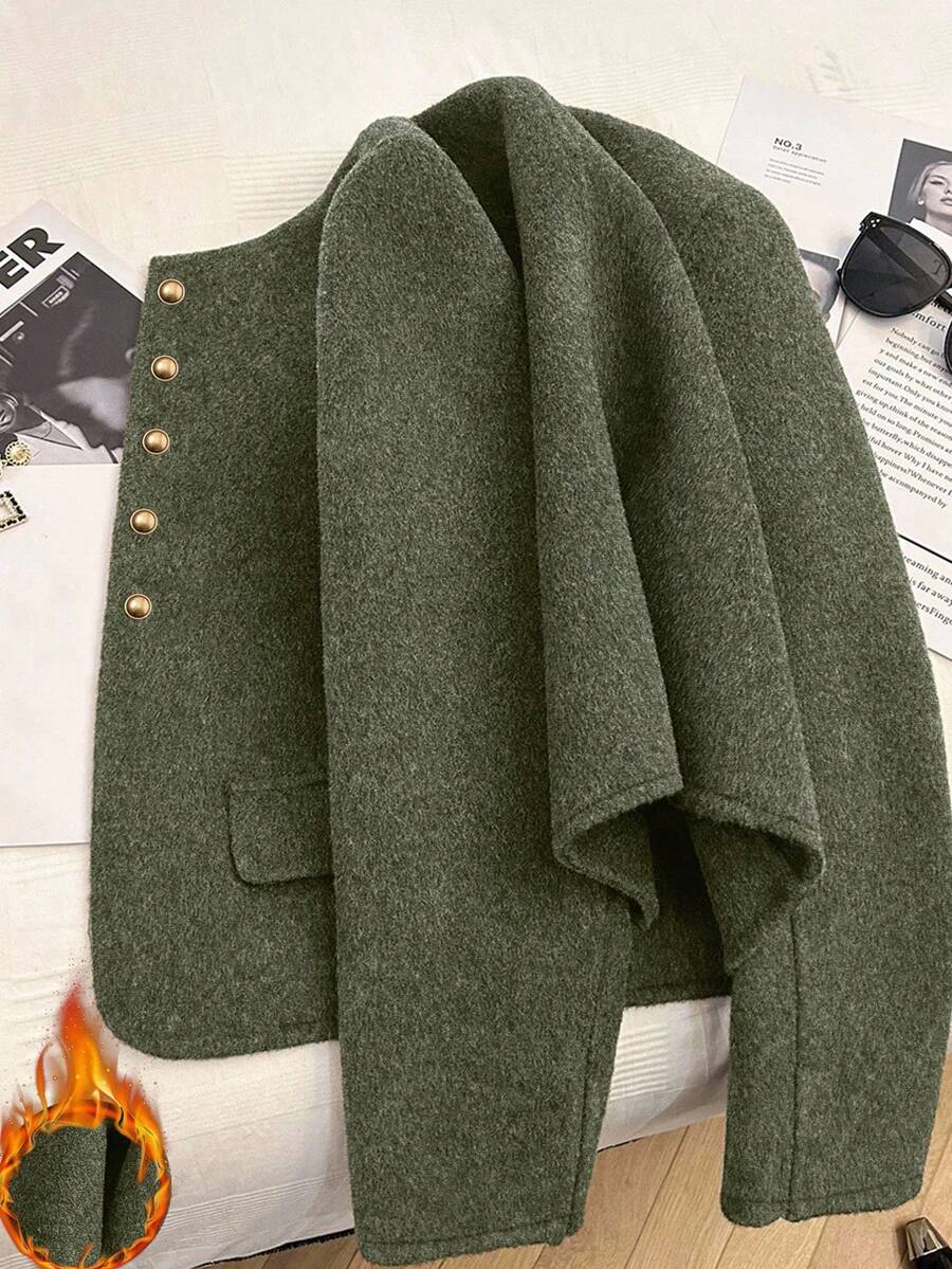 Franclia 时尚法式优雅短款棕色圆领长袖女士大衣，秋冬 - 軍綠色 - 查看 1