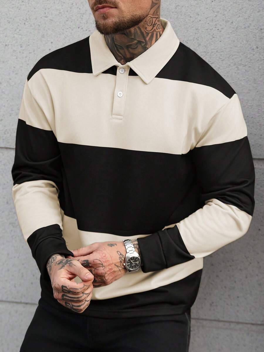 Manfinity Homme Camicia polo casual da uomo a maniche lunghe con bottoni e mezza patta, a contrasto di colore. Camicia a maniche lunghe da uomo a righe bianche e nere. Camicia casual a maniche lunghe da uomo, adatta per attività quotidiane, tempo libero, weekend, attività all'aperto, viaggi, ambienti di lavoro rilassati o occasioni semi-formali, regalo per il fidanzato/marito, regalo per l'anniversario, Natale.