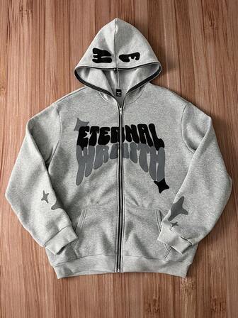 Manfinity Roghcode Moletom masculino folgado com capuz e zíper, forro térmico, ideal para outono e inverno, manga longa.