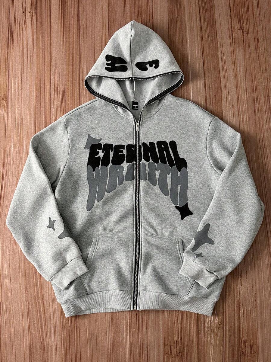 Manfinity Roghcode Men's Loose Fit Zip Up Hooded Sweatshirt With Thermal Lined, For Fall Winter, Long Sleeve Top