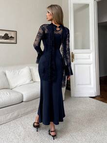 Elenzga Women Navy Blue Lace Patchwork Halter Fishtail Dress,Long Sleeve Ruffle Hem,Fish Bone Line Divider,Halter Long ,Elegant Fall Winter Dining - Navy Blue - View 2