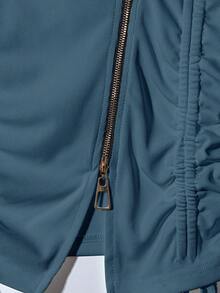 Franclia 时尚法式侧边收口不对称领金属拉链白色女士长袖T恤，春秋季 - 霧霾藍 - 查看 6