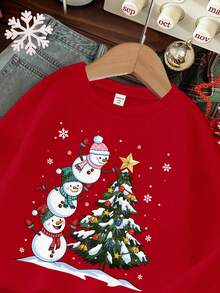 Christmas Family Set,Tween Girl Cute Red White Blue Snowman Christmas Tree Snowflake Star Print Long Sleeve Sweatshirt For Autumn,Matching Family - Red - View 4