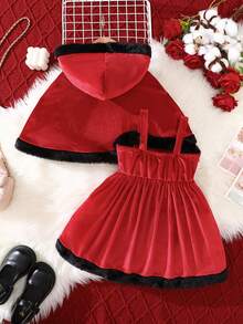 SHEIN 2pcs Baby Girls Christmas Hooded Cape Poncho And Plush Patchwork Dress, Suitable For Autumn/Winter, Christmas Party Outfit - Black - View 2