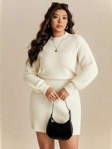 Elaquor Plus Size Crew Neck Raglan Sleeve Casual Versatile Comfortable Knit Sweater Dress/Winter - Apricot - View 7