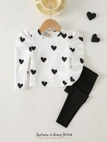 Cozy Pixies Conjunto de 2 piezas de top de manga larga con cuello redondo suave y pantalones de cintura elástica con estampado de corazón para bebé niña - Blanco y Negro - Ver 7