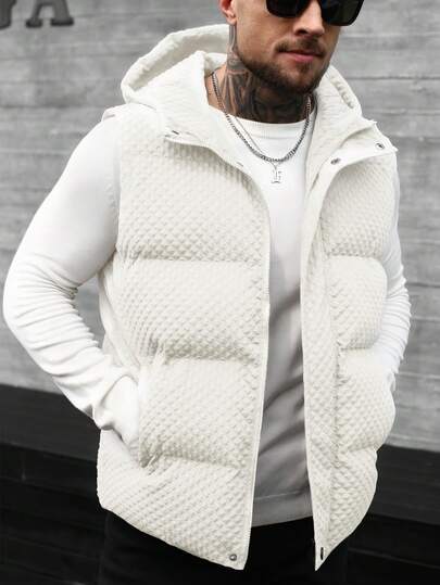 Manfinity Homme Palton de iarnă fără mâneci cu glugă pentru bărbați, vestă de designer la modă, cu căptușeală din bumbac texturat cu bule, îmbrăcăminte exterioară casual fără mâneci, crem, pentru bărbați, îmbrăcăminte exterioară albă cu bule de iarnă, bani vechi, timp liber zilnic, excursii de weekend, activități în aer liber, expediții de călătorie, medii de lucru relaxate sau ocazii semi-formale, cadou pentru iubit/soț, cadou de aniversare de Crăciun