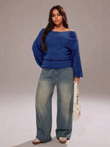 Rustia Plus Size Women's Fashion Casual Off-Shoulder Sweater - Blue - View 4