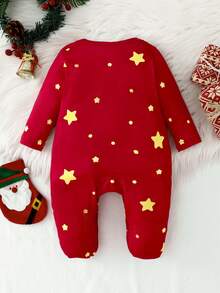 新生儿长袖连脚连体衣，夜光圣诞可爱柔软针织红色波点星星饼干图案睡衣 - 紅色 - 查看 2