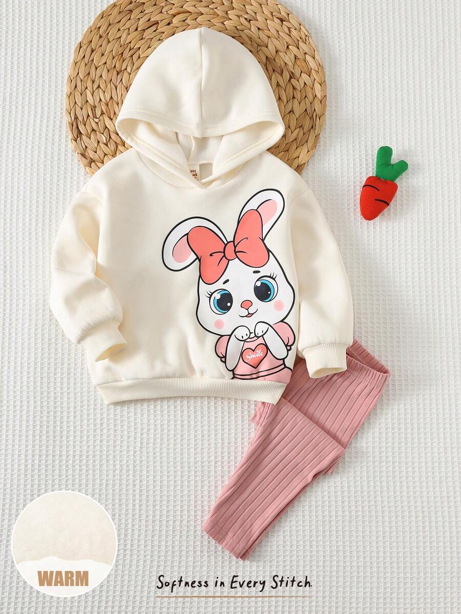 Cozy Pixies 2件套女婴卡通猫咪图案针织柔软圆领长袖套头卫衣和松紧腰裤套装，保暖内衬，舒适精灵女婴运动套装2件套，女婴兔子套装，女婴秋冬服装套装 - 杏色 - 查看 1