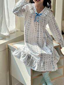 Dazy Kids 女童V领碎花长袖睡裙家居服 - 白色 - 查看 9