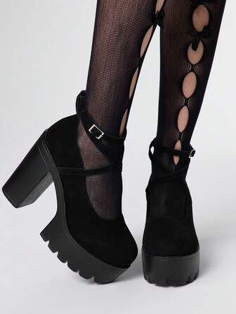 Goth Zapatos de tacón grueso con plataforma, de estilo gótico punk, con correa cruzada y punta cerrada, para uso formal y laboral