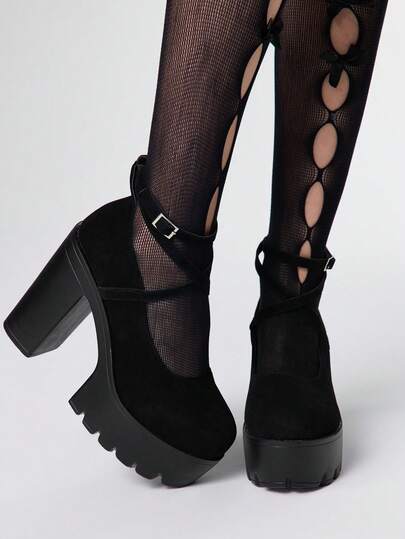 Women's Closed Toe Cross-Strap Mary Jane Shoes, Punk Goth Platform Thick Heel One-Strap Formal Work Pumps