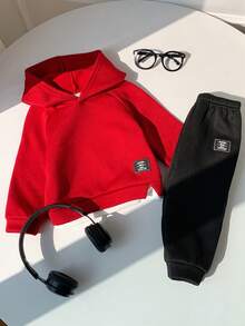 SHEIN 2pcs/Set Baby Boy/Girl Casual Cute Graphic Dropped Shoulder Loose Hoodie Sweatshirt And Ribbed Cuff Pants Two Pieces Outfit, Suitable For Autumn/Winter, New Year - Multicolor - View 5