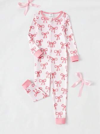 Girls' Snug Fit Pajama Set, Girls Bow Pajamas Young Girls Loungewear Jumpsuit Pajamas - Pink Bow All-Over Print Jumpsuit White Pink Sweet Color Match Cute Bow All-Over Print Design Long Sleeve Jumpsuit Zipper Closure Soft Comfortable Fabric Social Media Style Sweet Princess Spring Summer Autumn Holiday Essential Girls Home Jumpsuit