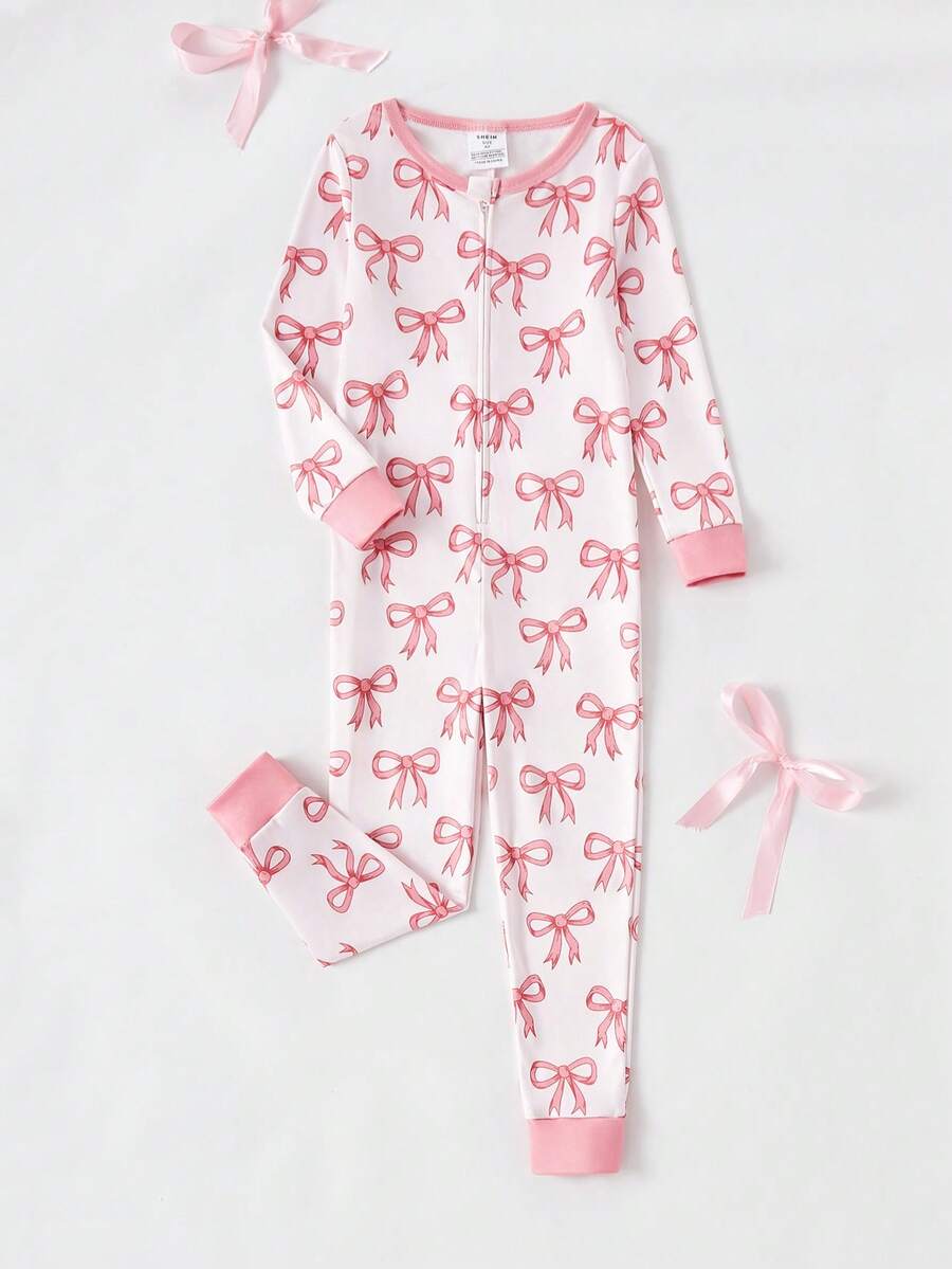 Dziewczęcy komplet piżamowy Snug Fit, dziewczęca piżama z kokardą, dziewczęcy kombinezon domowy, piżama - różowy, kokardkowy kombinezon z nadrukiem na całej powierzchni, biały, różowy, słodkie dopasowanie kolorów, uroczy kokardkowy wzór z nadrukiem na całej powierzchni, kombinezon z długim rękawem, zapięcie na zamek, miękki, wygodny materiał, styl mediów społecznościowych, słodka księżniczka, wiosna, lato, jesień, wakacje, niezbędny dziewczęcy kombinezon domowy - Słodki róż - Zobacz 1